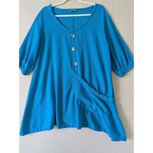 CottonWays Tunic Top Womens Size 2 Large Blue Gauze Cotton Boho Lagenlook Pocket